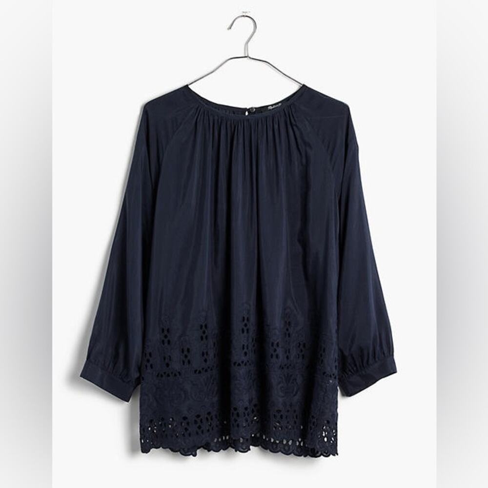 Madewell Navy Blue Eyelet Edge Shirred Peasant Blouse Size Small